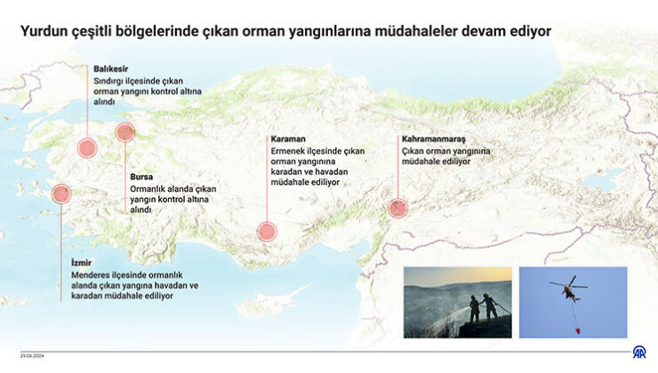 Yurdun çeşitli bölgelerinde çıkan orman yangınlarına müdahaleler devam ediyor